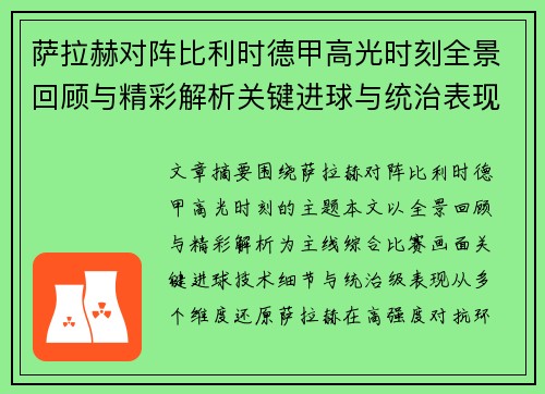 萨拉赫对阵比利时德甲高光时刻全景回顾与精彩解析关键进球与统治表现